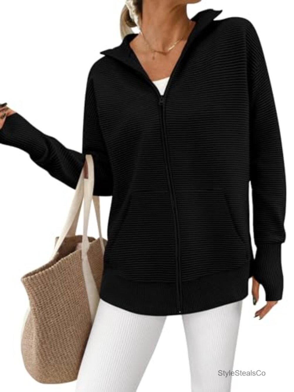 Womens Long Sleeve Zip Up Ribbed Cardigan Sweater with Thumb Holes